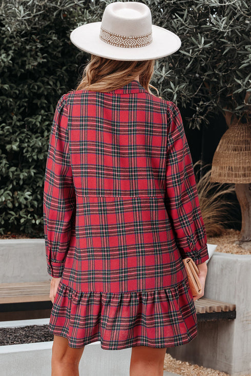 Plaid Shirt Collar Half Button Chest Pocket Ruffle Hem A Line Mini Dress